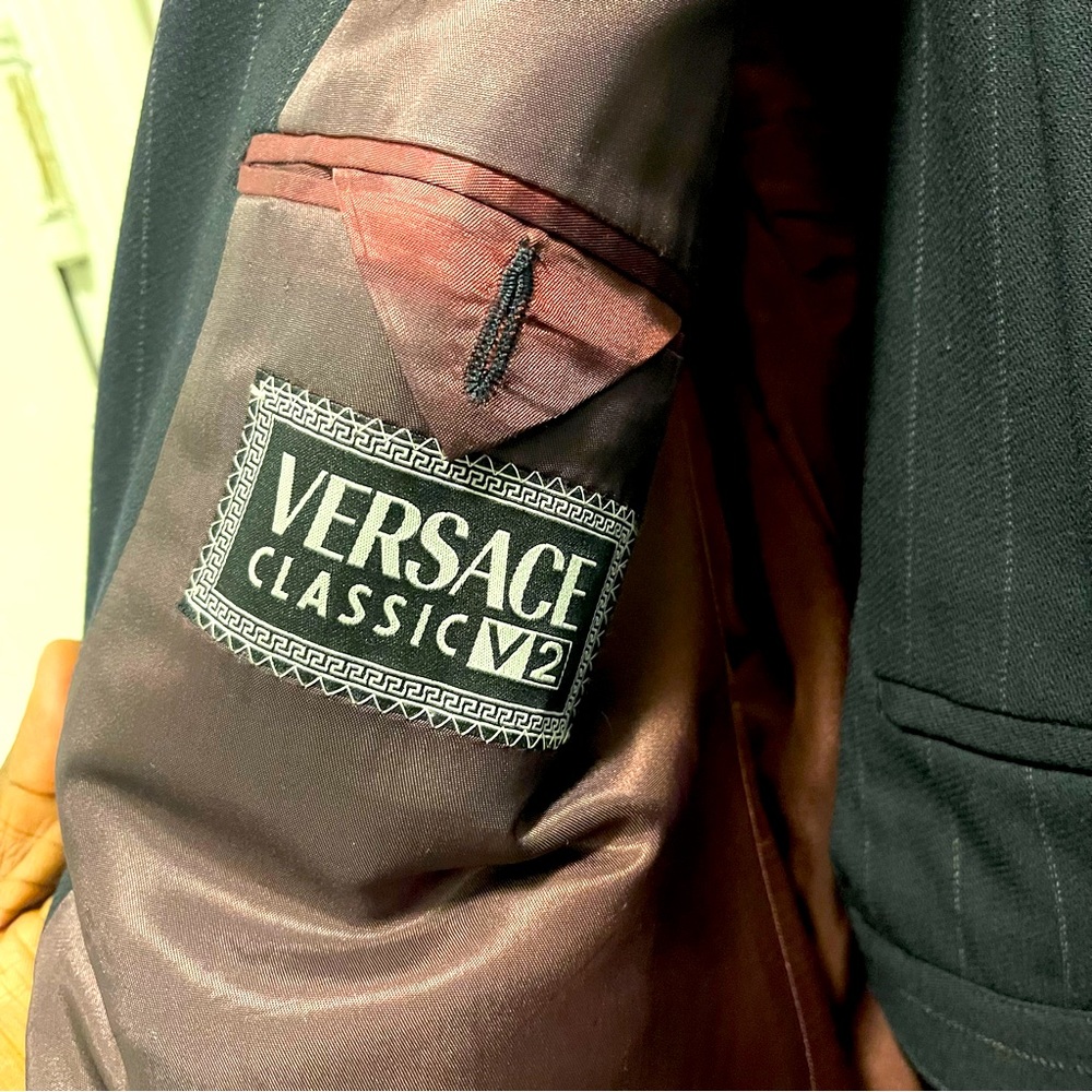 Versace Classic V2 pinstriped 
double-breasted, wool two-piece suit size 52
